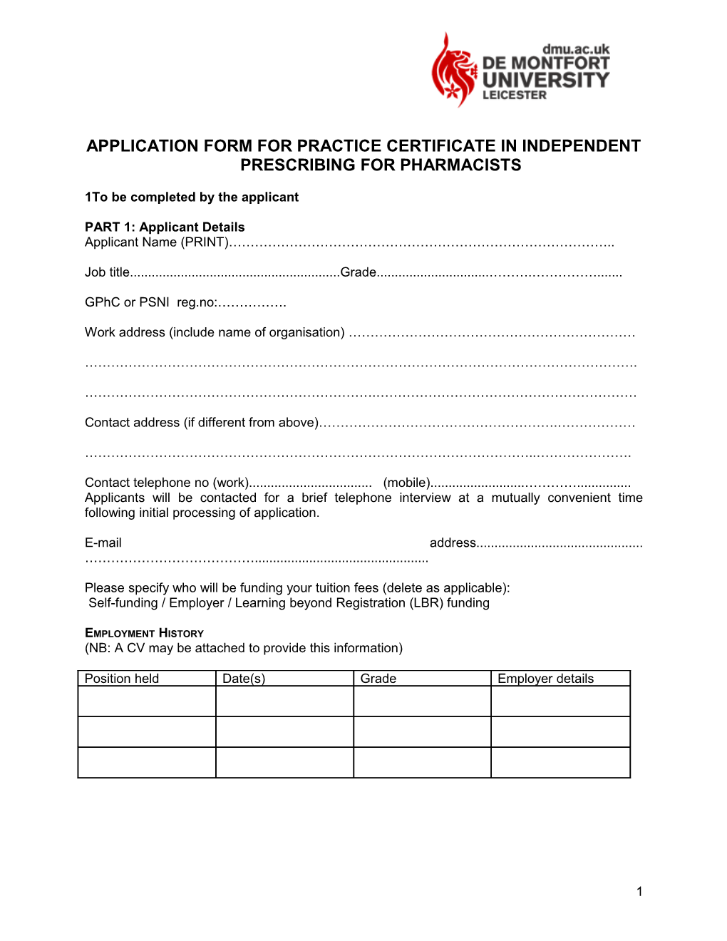 Application Form for Practice Certificate in Independent Prescribing for Pharmacists