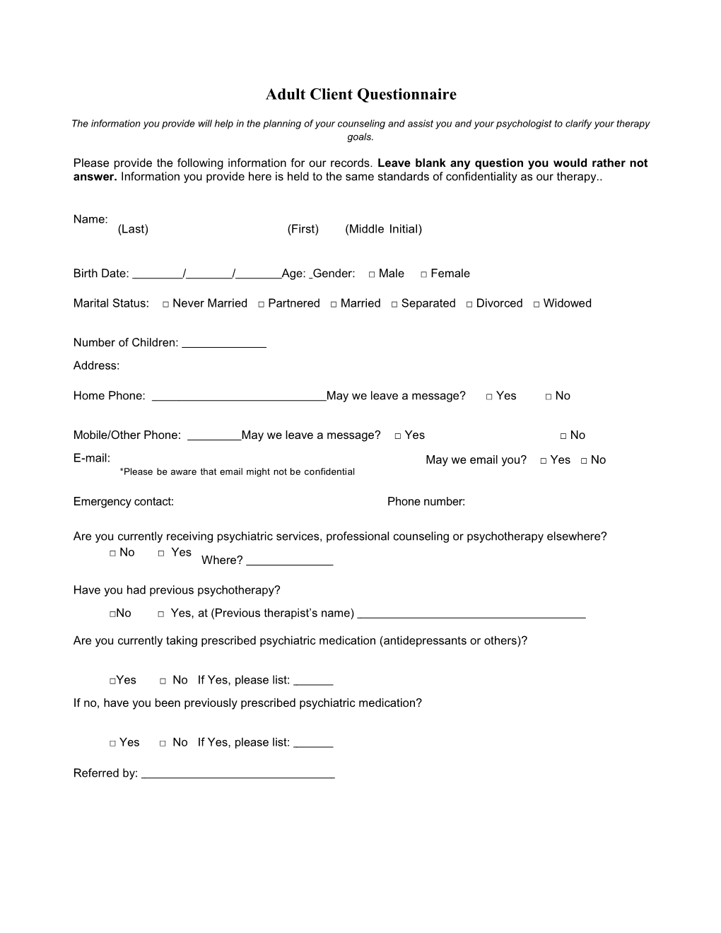 Life Works Counseling Client Intake Form