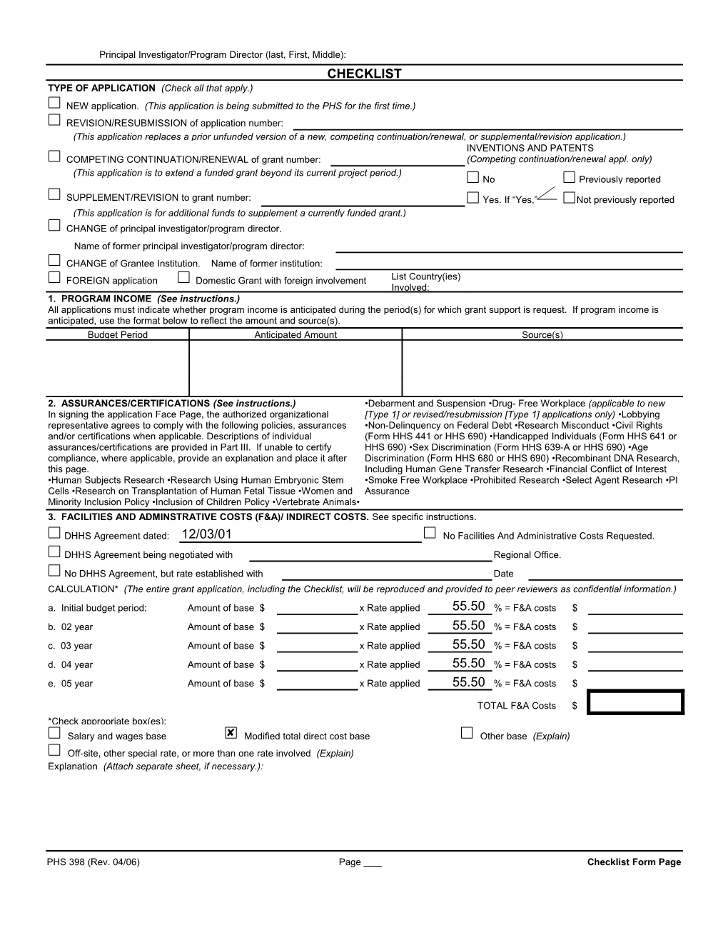 PHS 398 (Rev. 4/06), Checklist Form Page