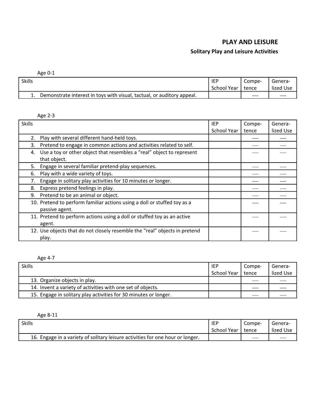 Solitary Play and Leisure Activities