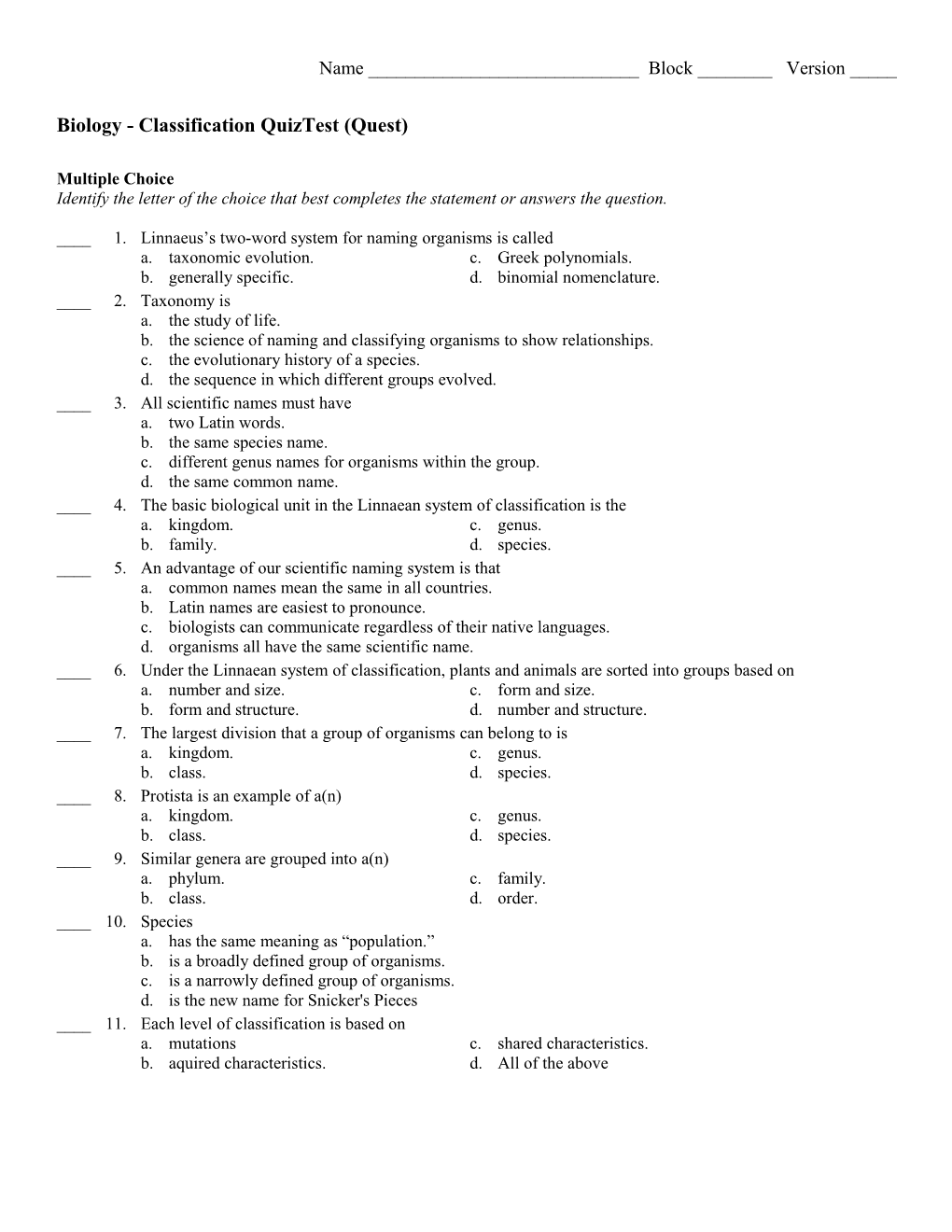 Biology - Classification Quiztest (Quest)