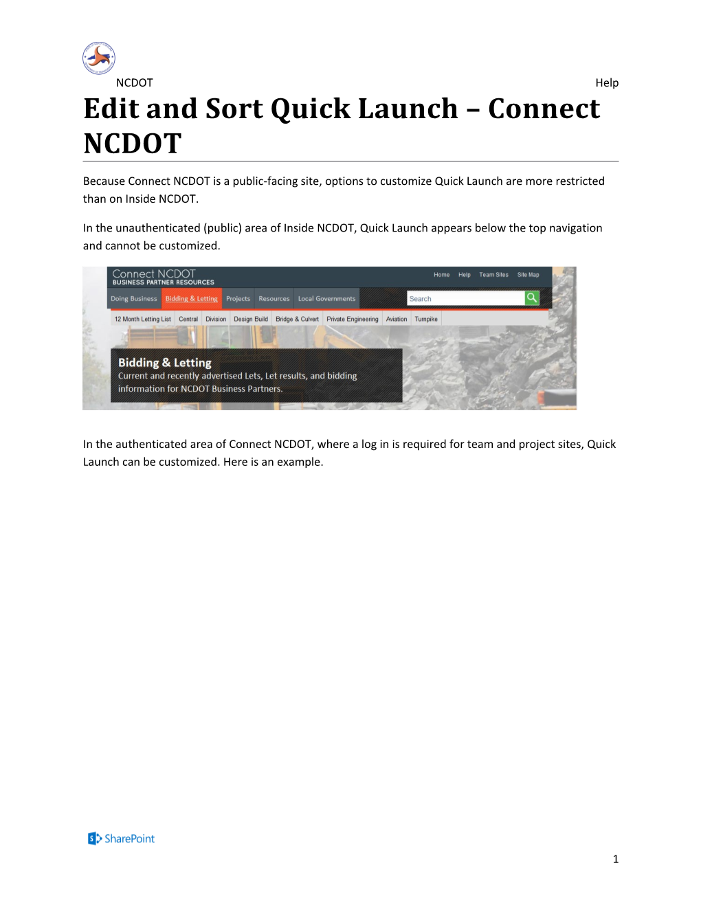 Edit and Sort Quick Launch - Connect NCDOT (D)