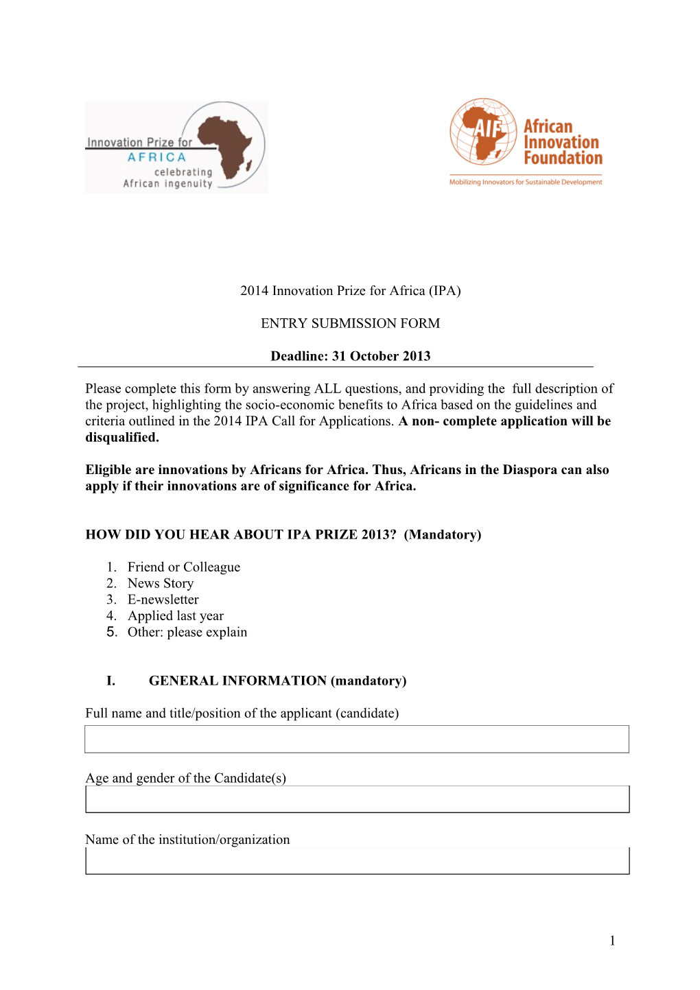 2014 Innovation Prize for Africa (IPA)