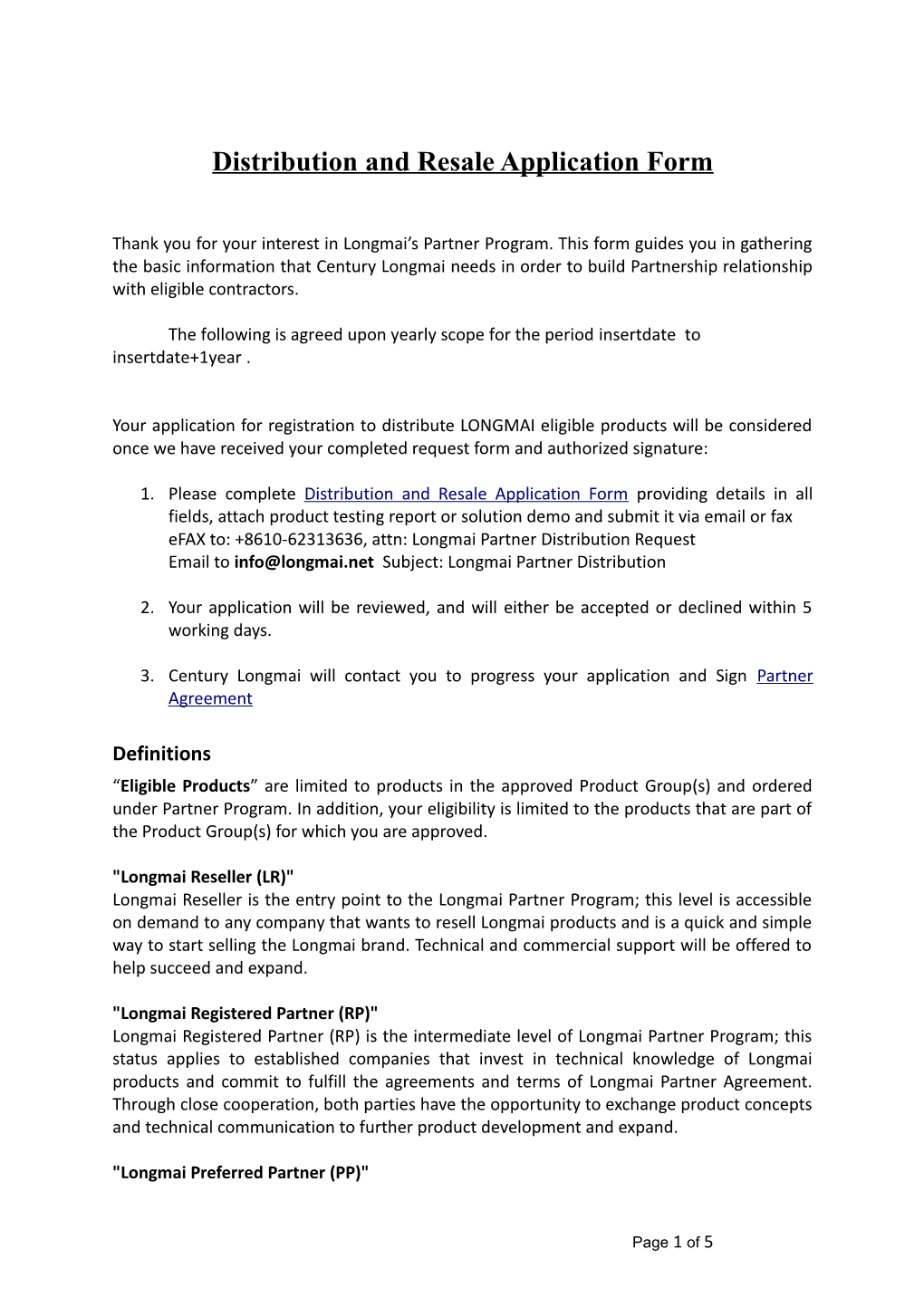 Distribution and Resale Application Form