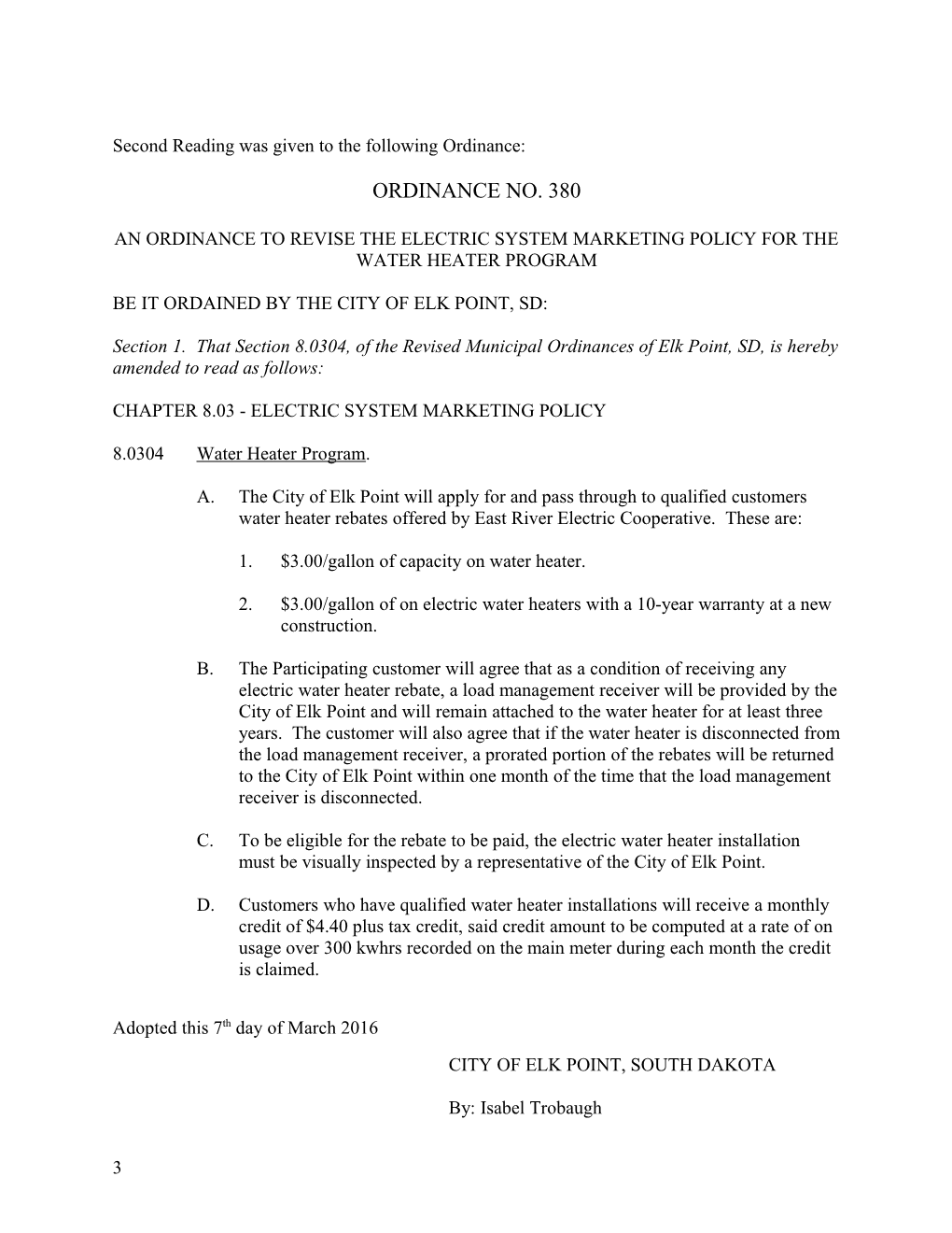 Unapproved Minutes of the Regular Meeting of the Elk Point City Council