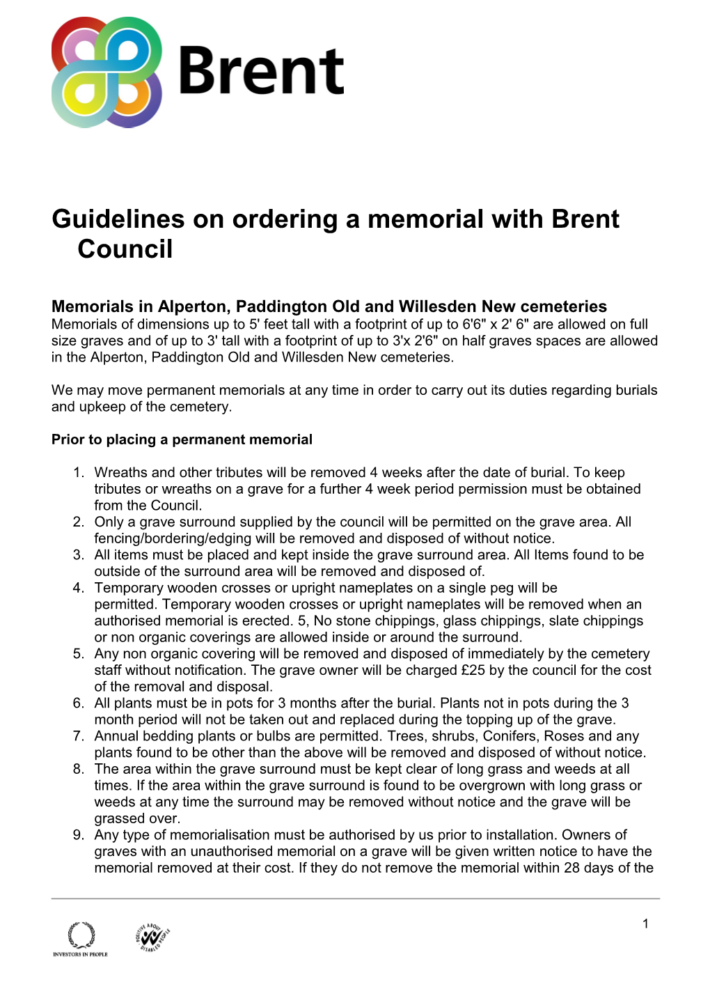 Guidelines on Ordering a Memorial with Brent Council