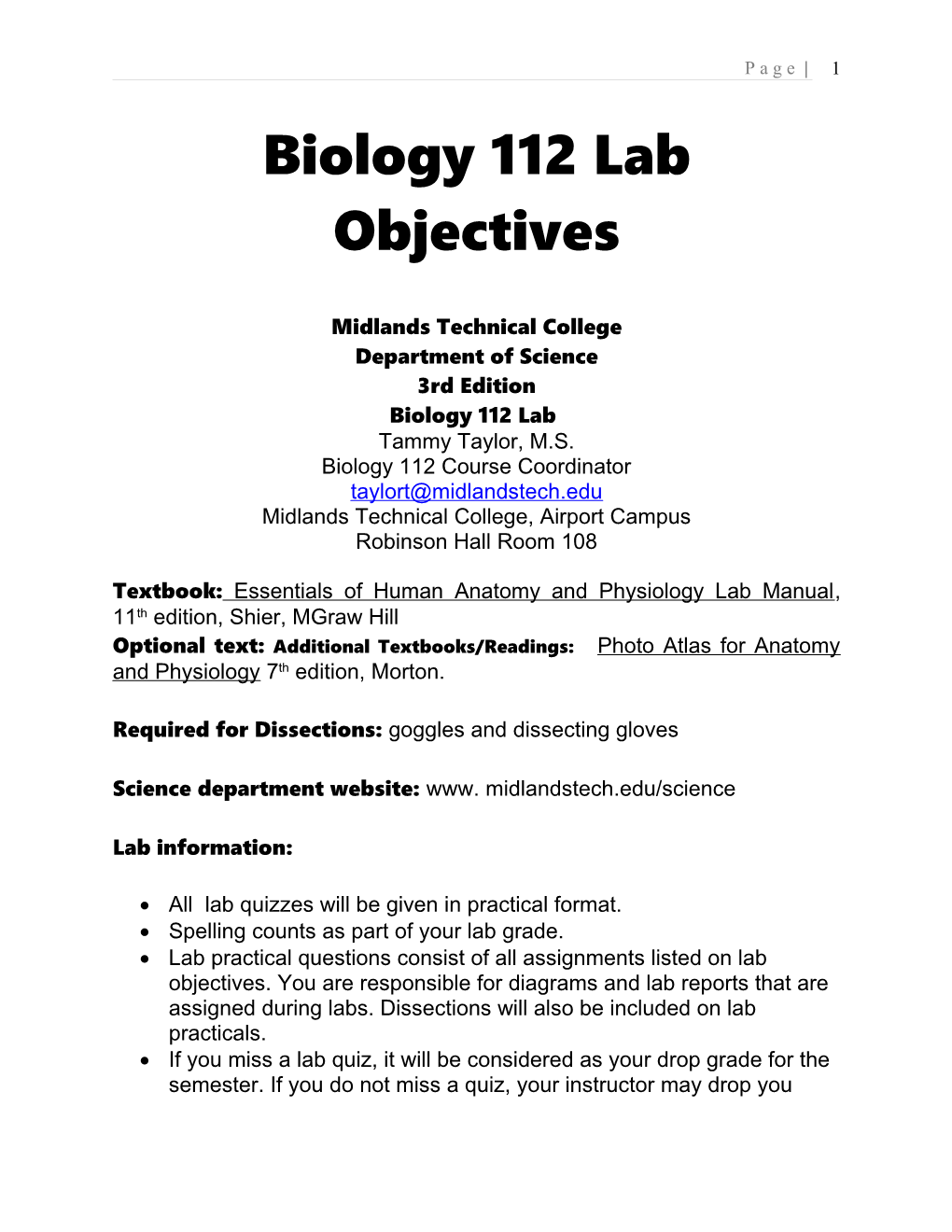 Biology 112 Lab Objectives