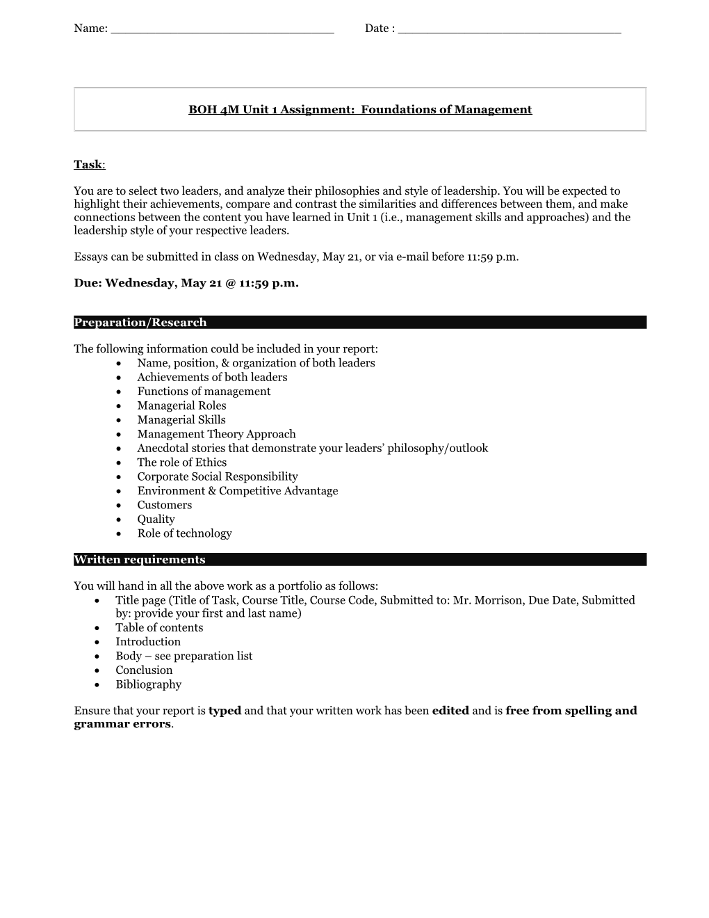 BOH 4M Unit 1 Assignment: Foundations of Management