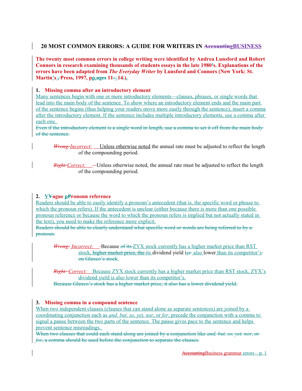 20 Most Common Errors: a Guide for Writers in Accounting