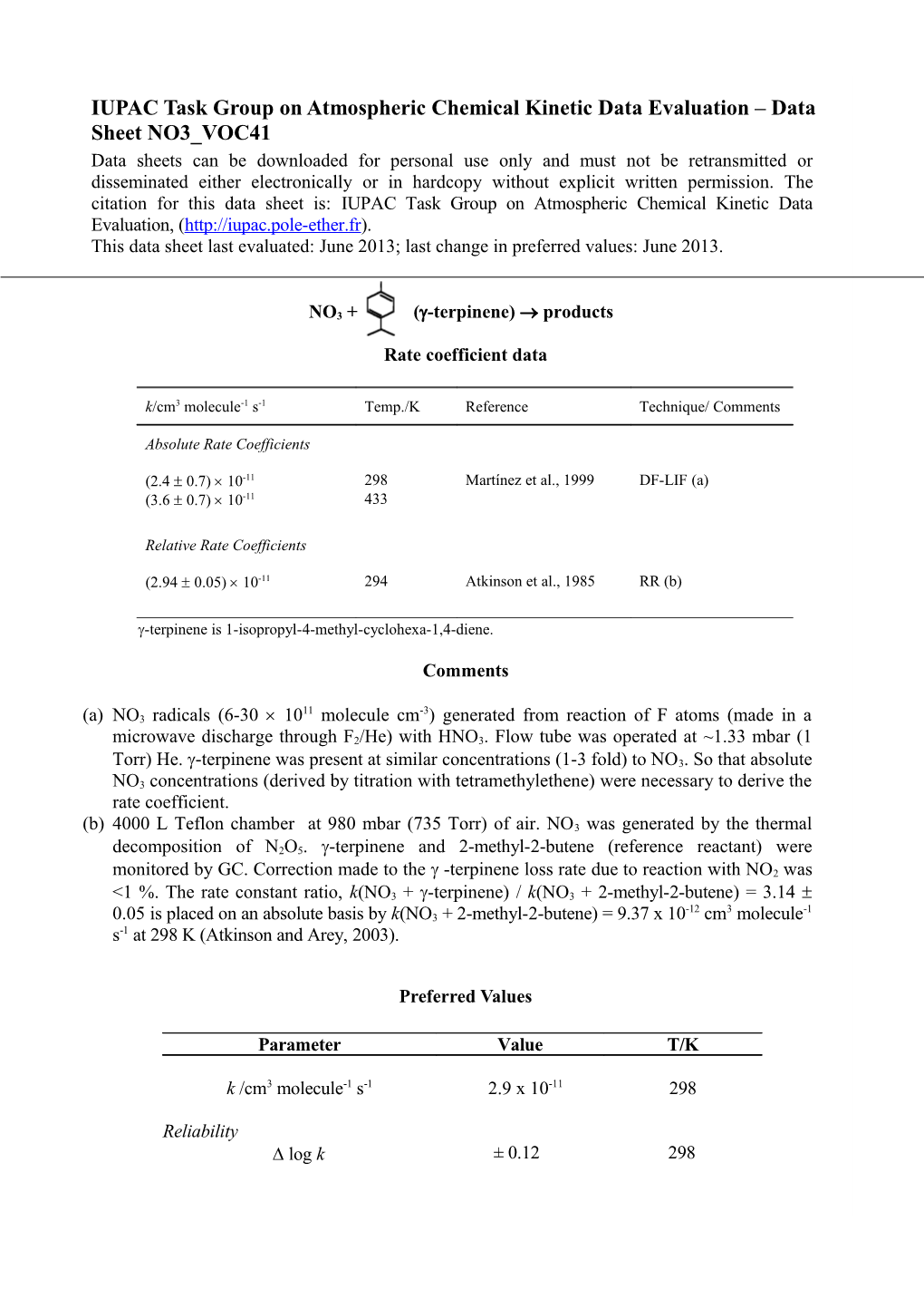 IUPAC Task Group on Atmospheric Chemical Kinetic Data Evaluation Data Sheet NO3 VOC41