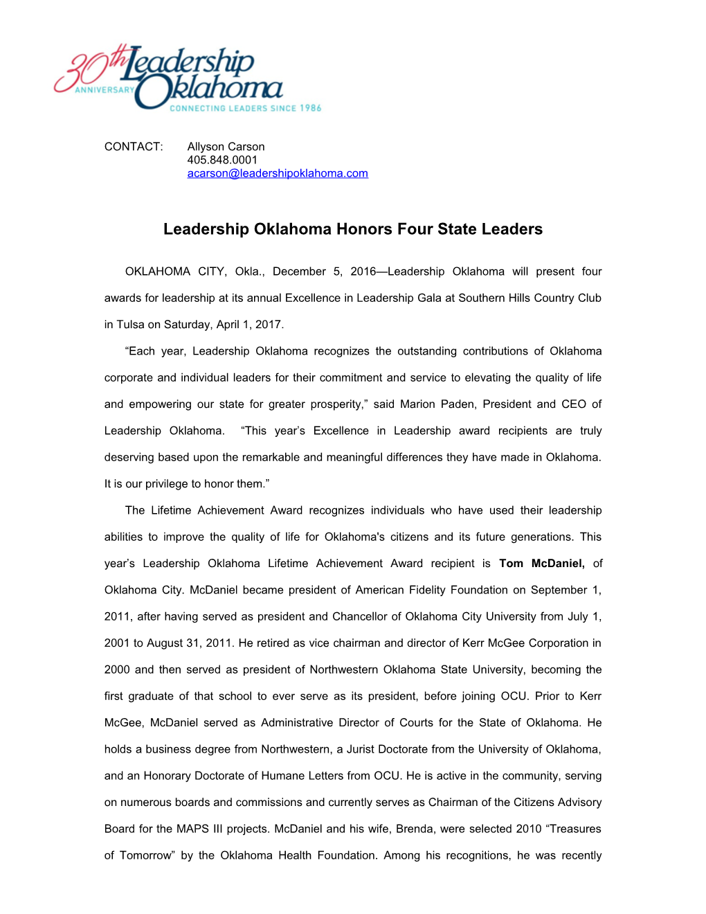 Leadership Oklahoma Honors Four State Leaders