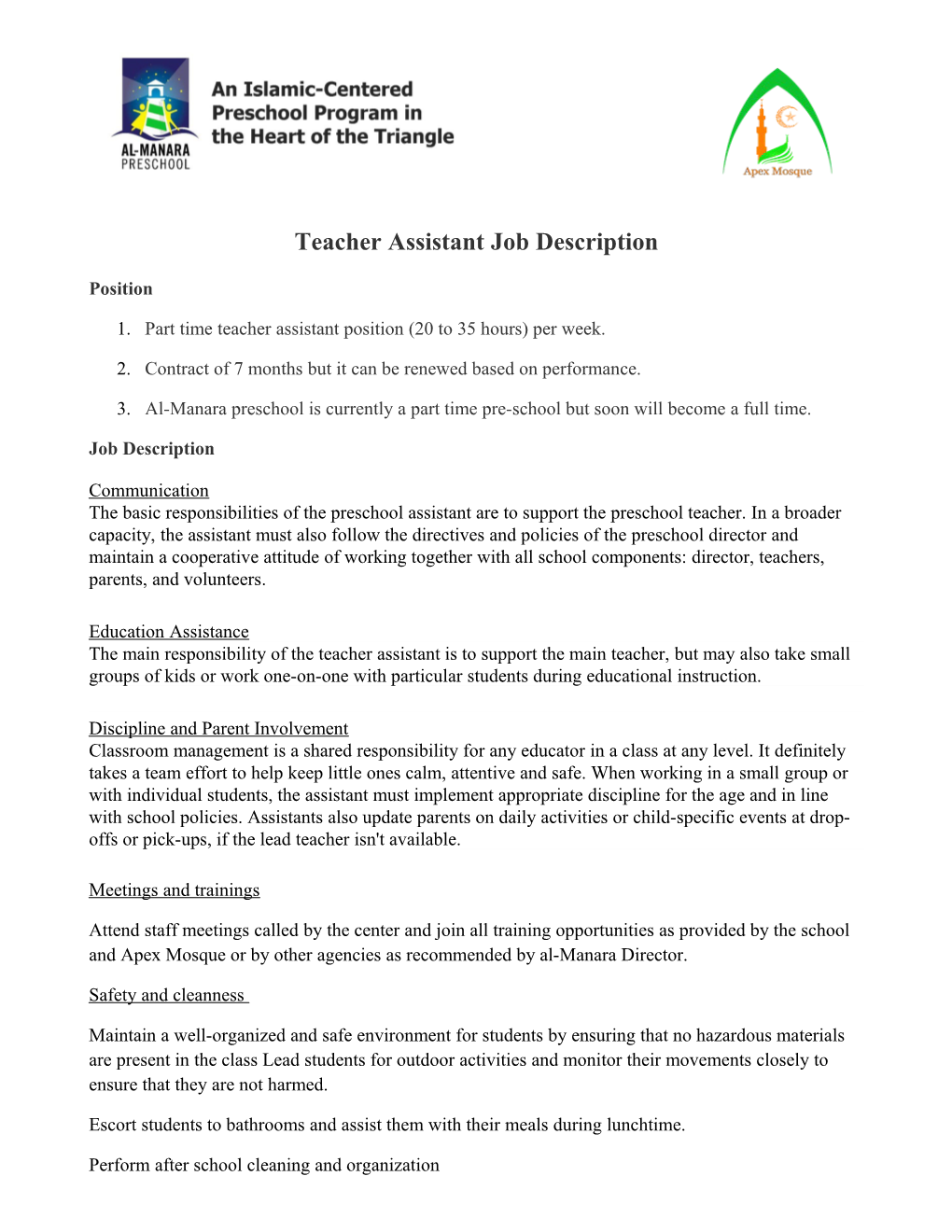 Teacher Assistant Job Description