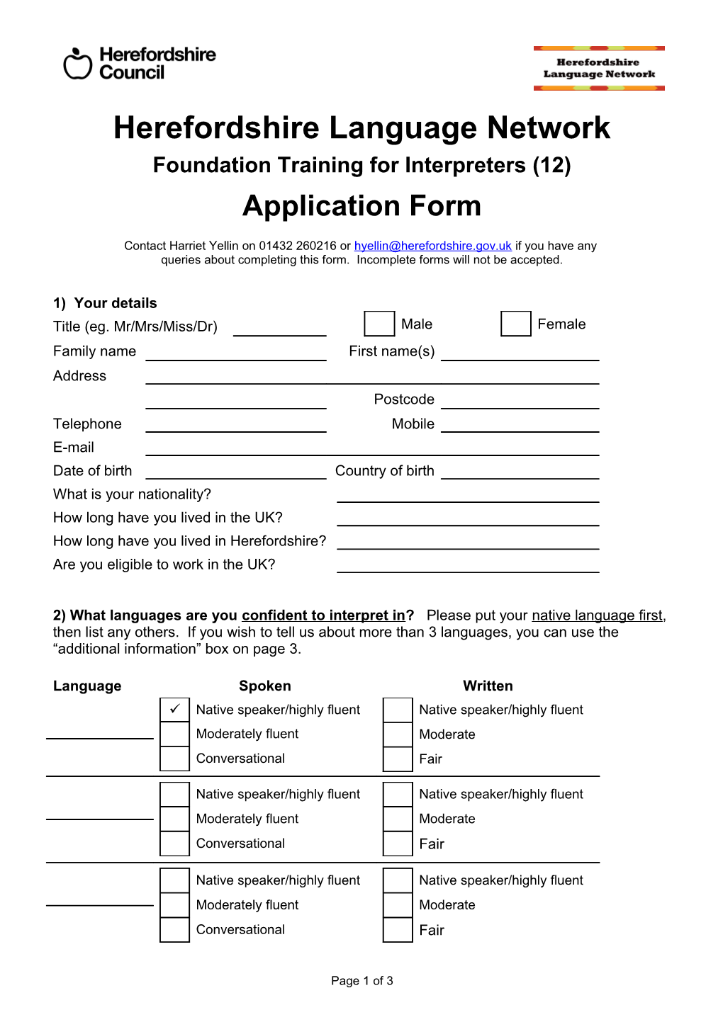 Herefordshire Language Network Foundation Training Application Form
