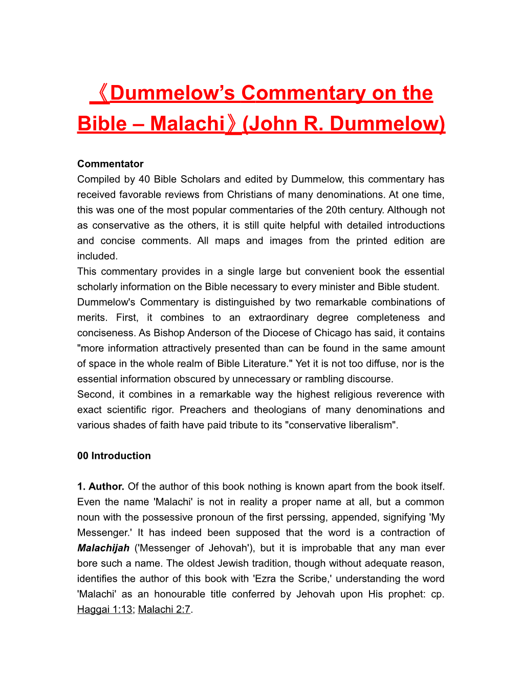 Dummelow Scommentaryon the Bible Malachi (John R. Dummelow)