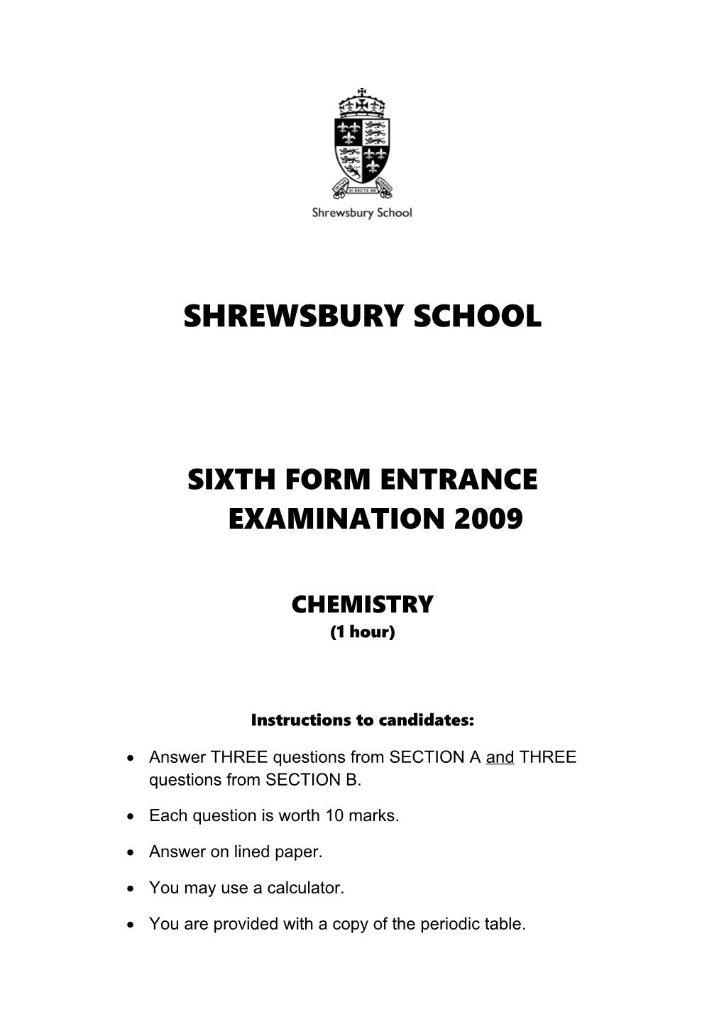 Sixth Form Entrance Examination 2009