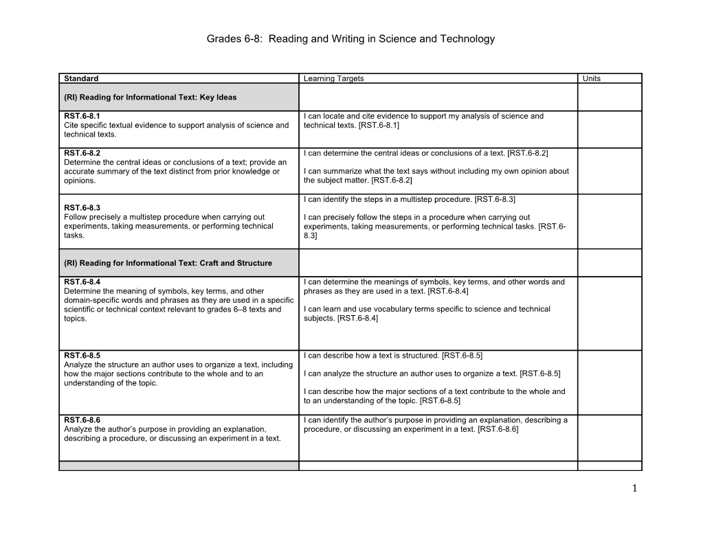 Grades 6-8: Reading and Writing in Science and Technology