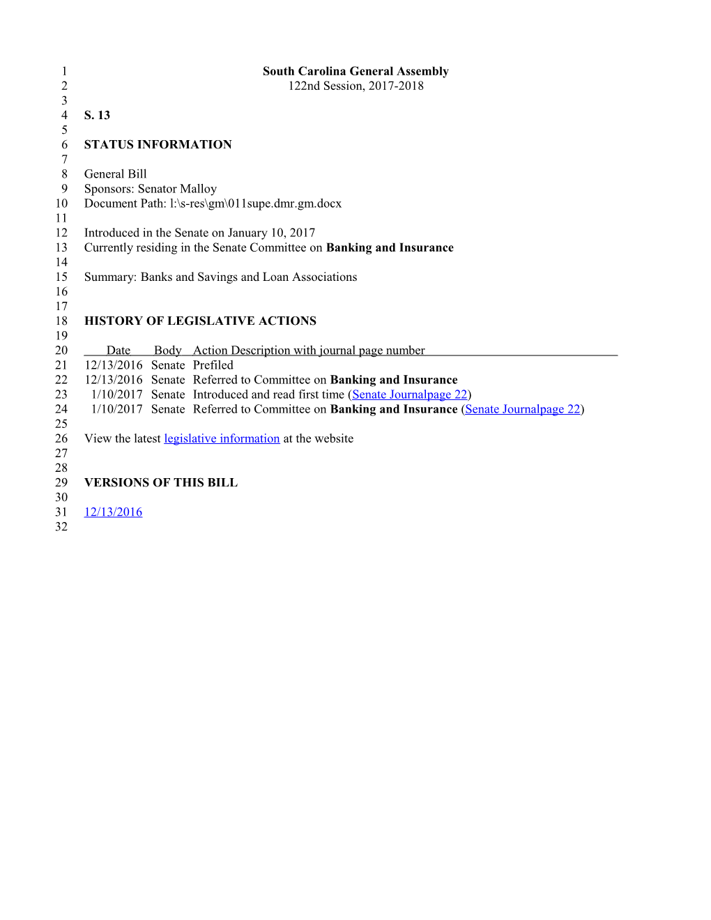 2017-2018 Bill 13: Banks and Savings and Loan Associations - South Carolina Legislature Online