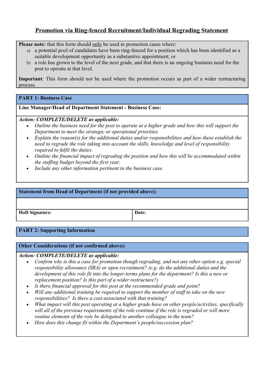 Promotion Via Ring-Fenced Recruitment/Individual Regrading Statement