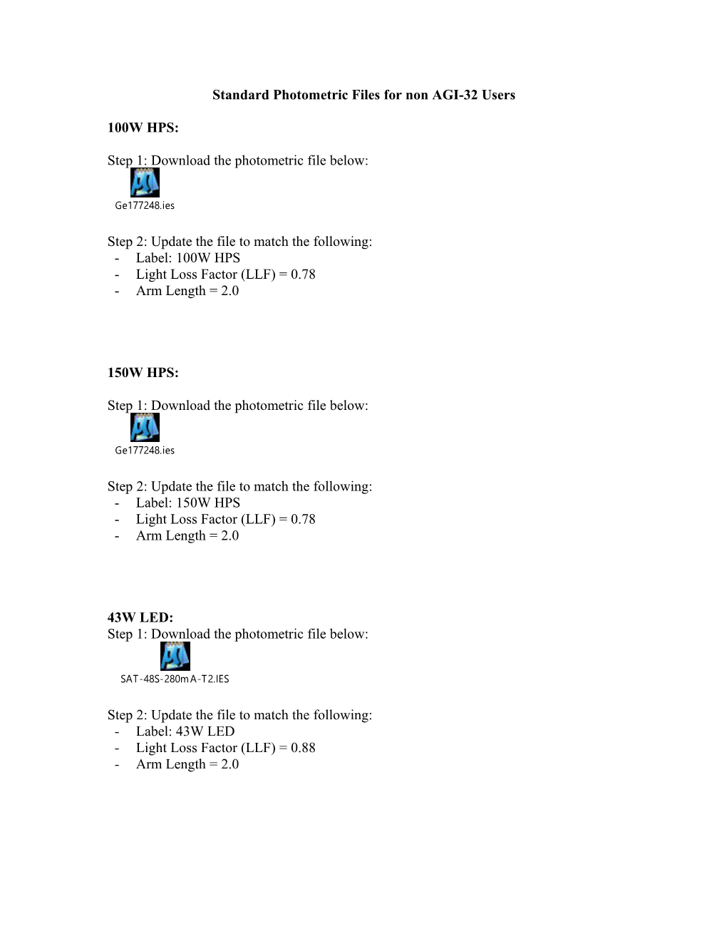 Standard Photometric Files for Non AGI-32 Users