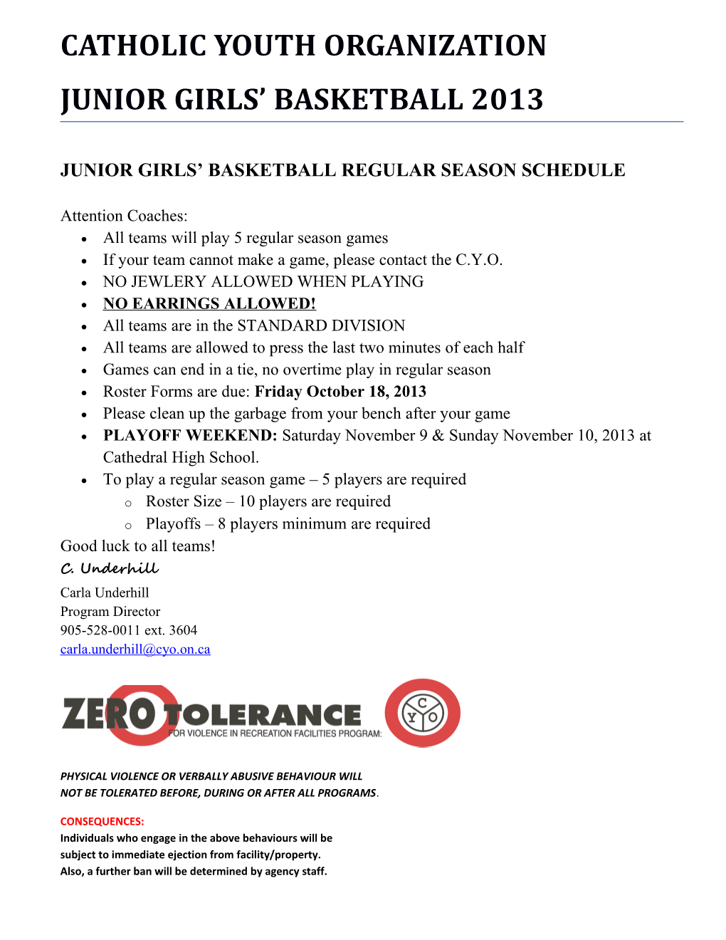 Junior Girls Basketball Regular Season Schedule