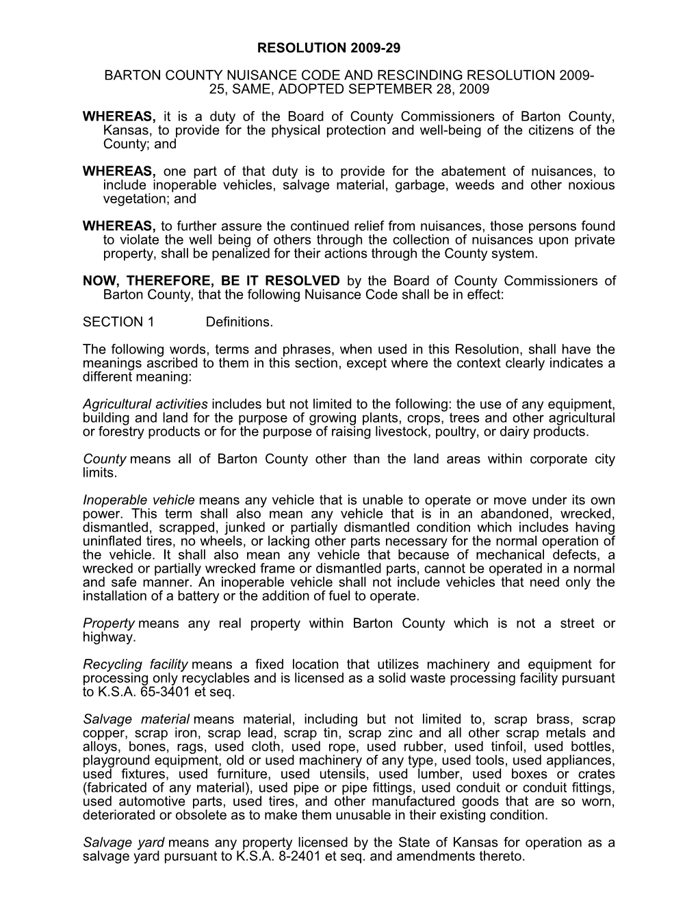 Bartoncounty Nuisance Code and Rescinding Resolution 2009-25, Same, Adopted September 28, 2009
