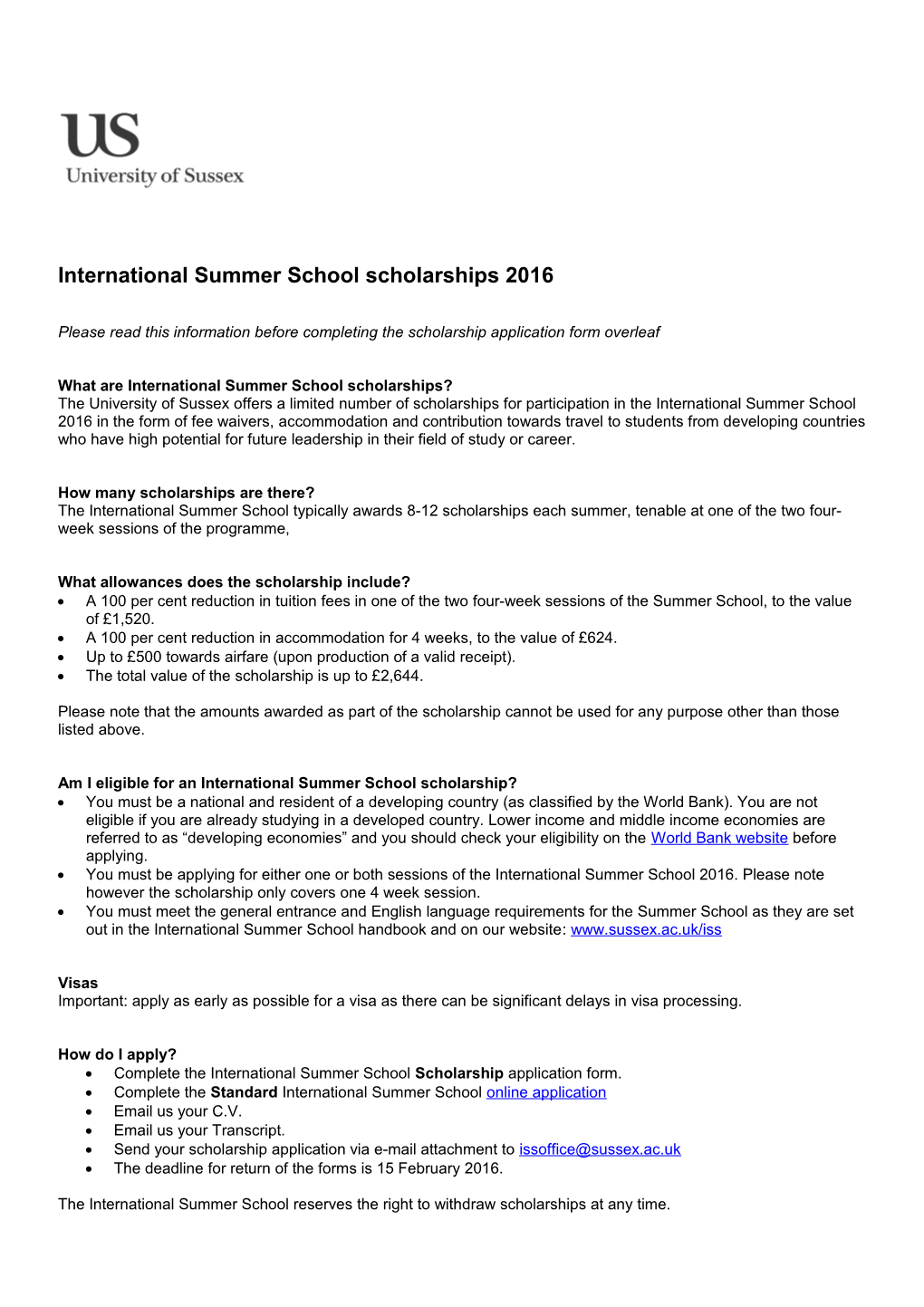 Summer School Scholarship Form