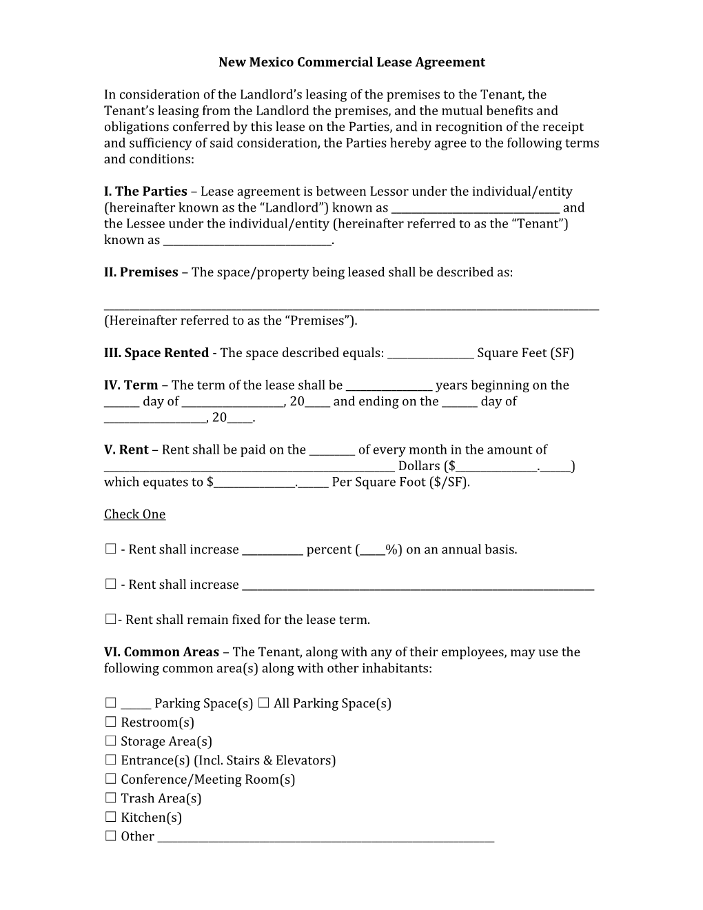 New Mexico Commercial Lease Agreement