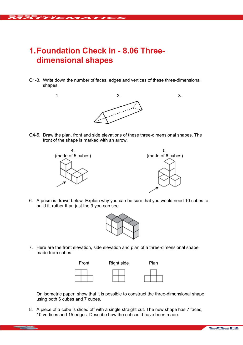 GCSE (9-1) Mathematics Foundation Check in - 8.06 Three-Dimensional Shapes