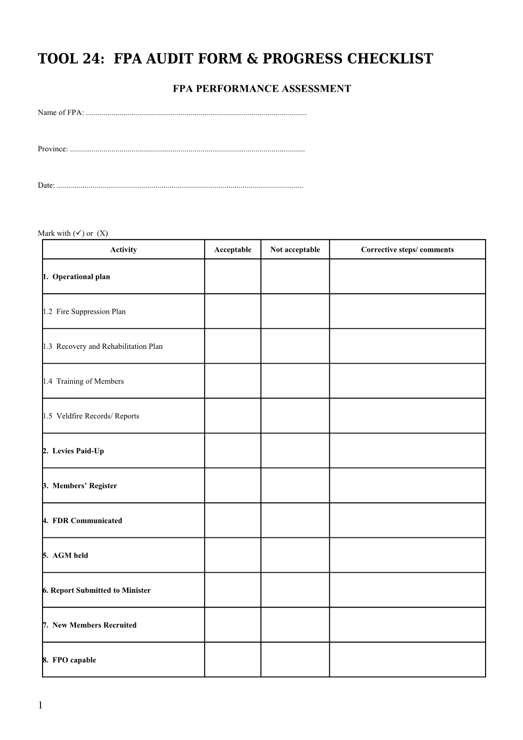 Tool 24: Fpa Audit Form & Progress Checklist