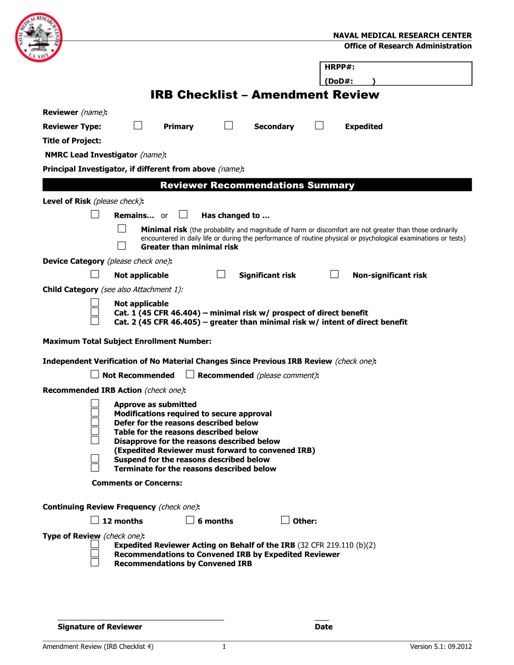IRB Checklist Amendment Review