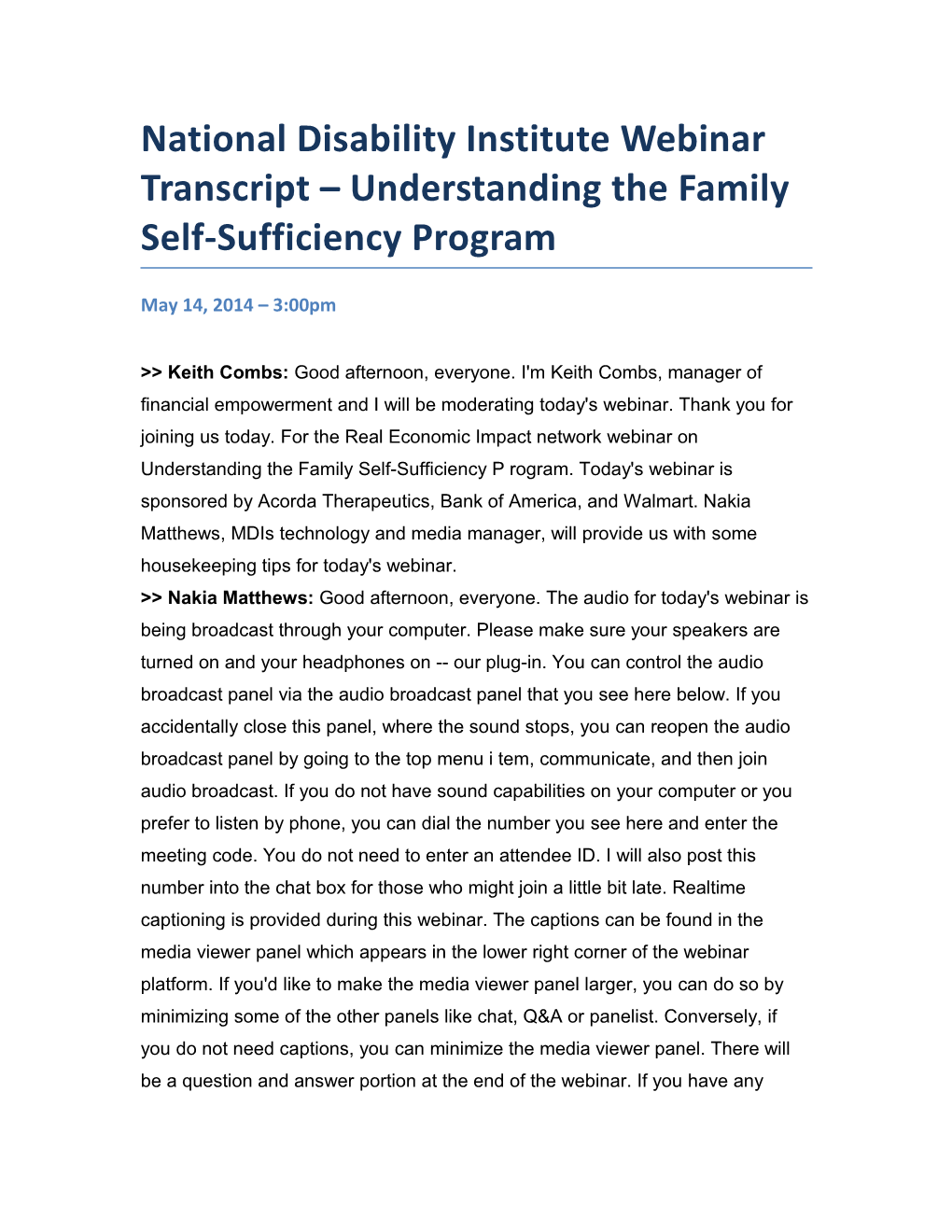 National Disability Institute Webinar Transcript Understanding the Family Self-Sufficiency