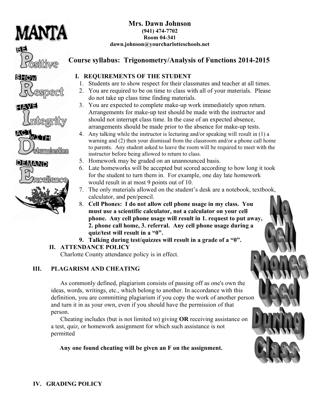 Course Syllabus: Trigonometry/Analysis of Functions 2014-2015
