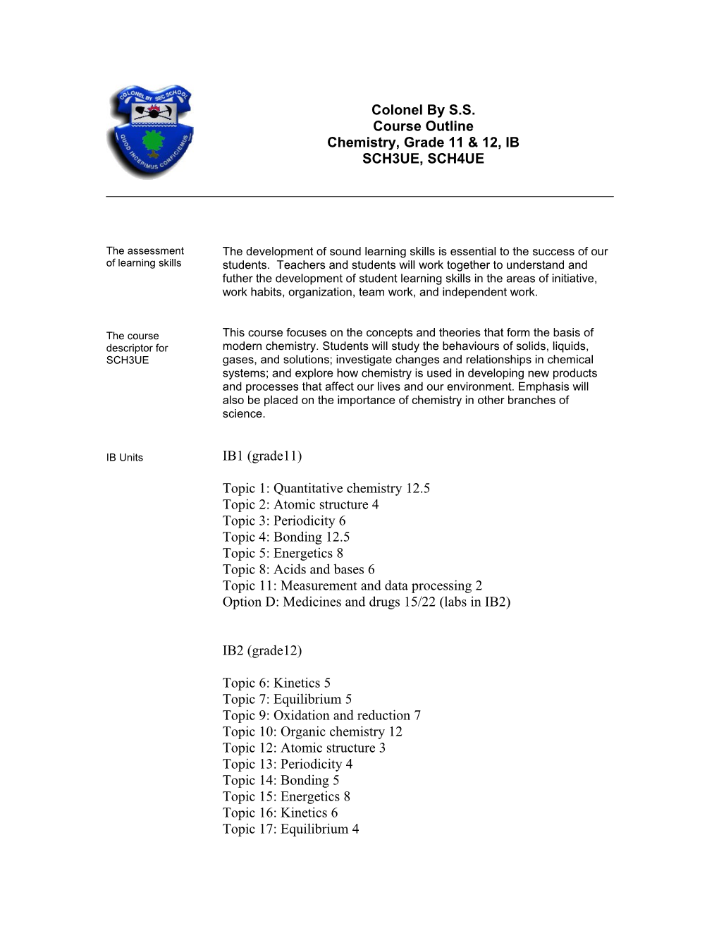 Chemistry, Grade 11 & 12, IB