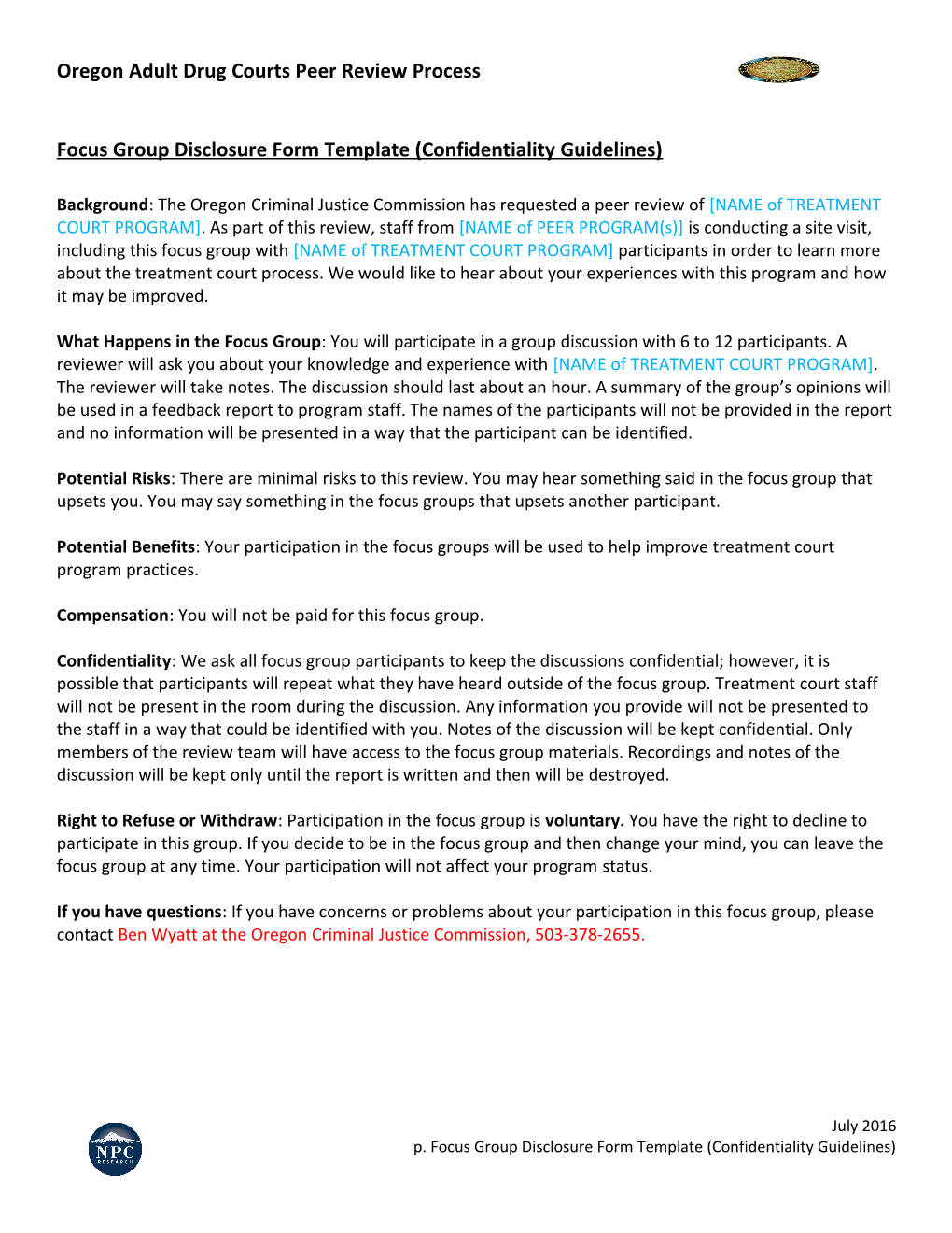 Focus Group Disclosure Form Template (Confidentiality Guidelines)