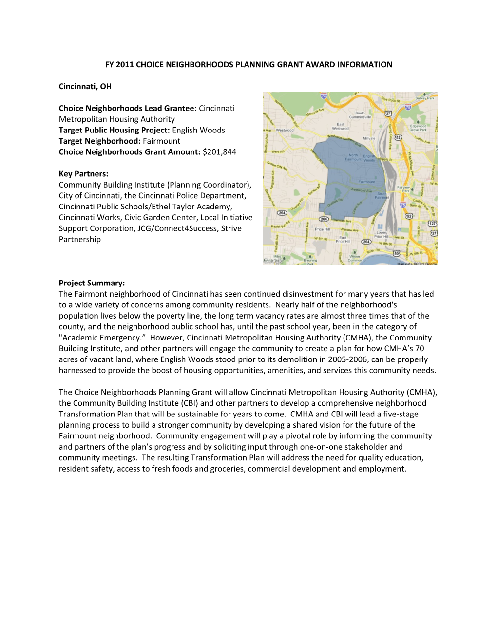 Fy 2011 Choice Neighborhoods Planning Grant Award Information