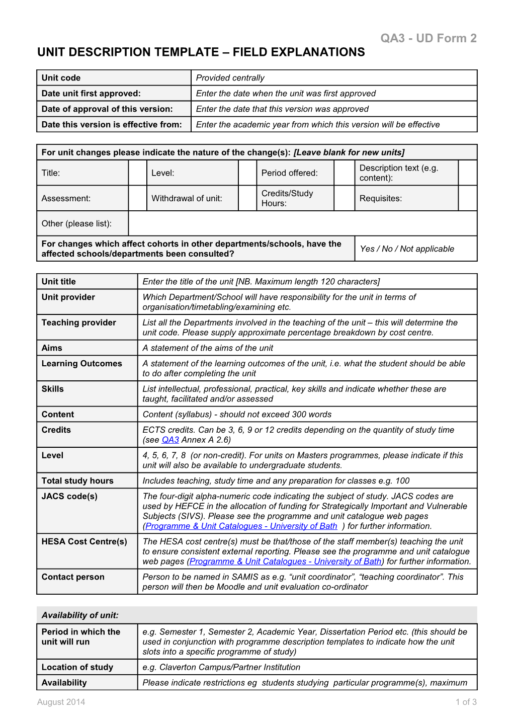 Unit Description Template Field Explanations