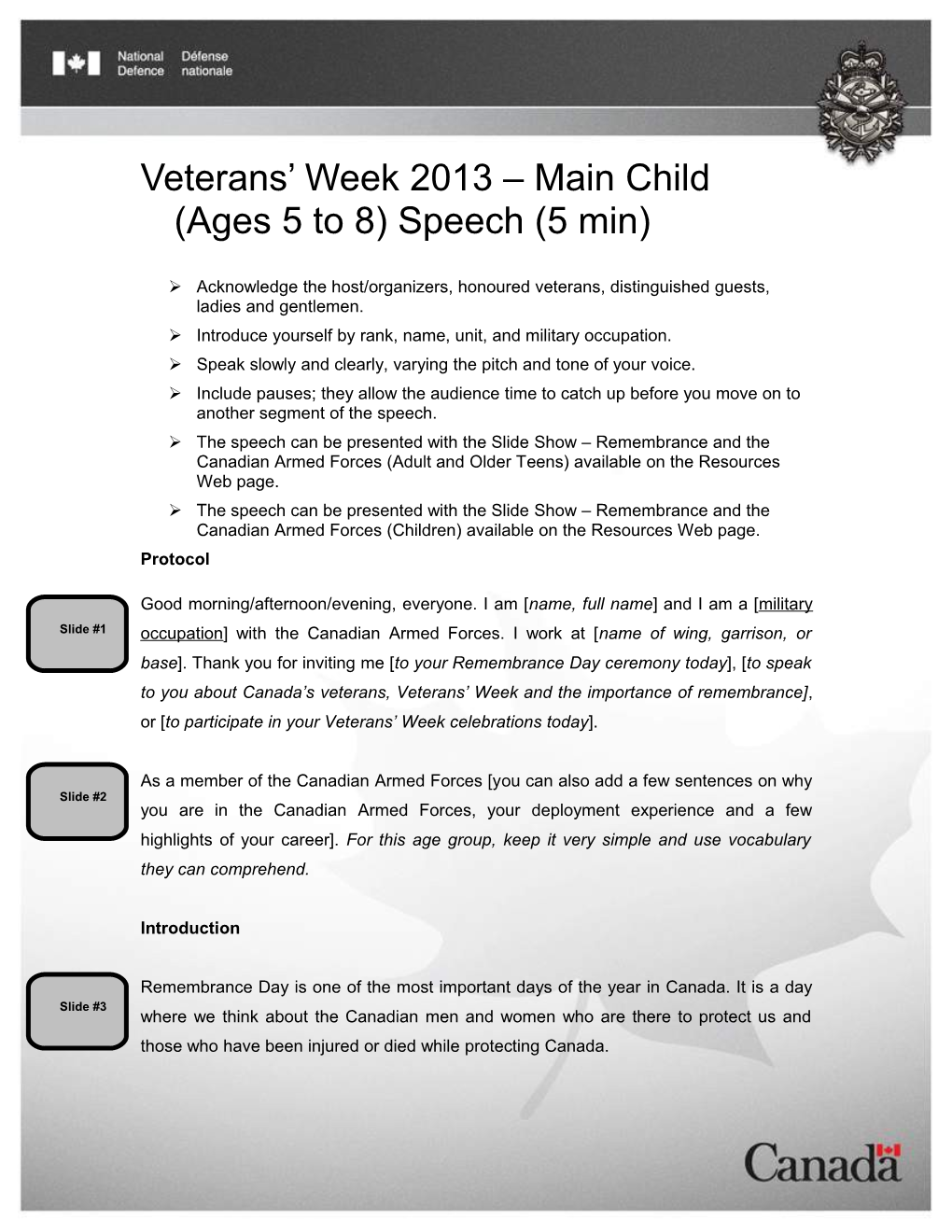 Veterans Week 2013 Main Child (Ages 5 to 8) Speech(5 Min)