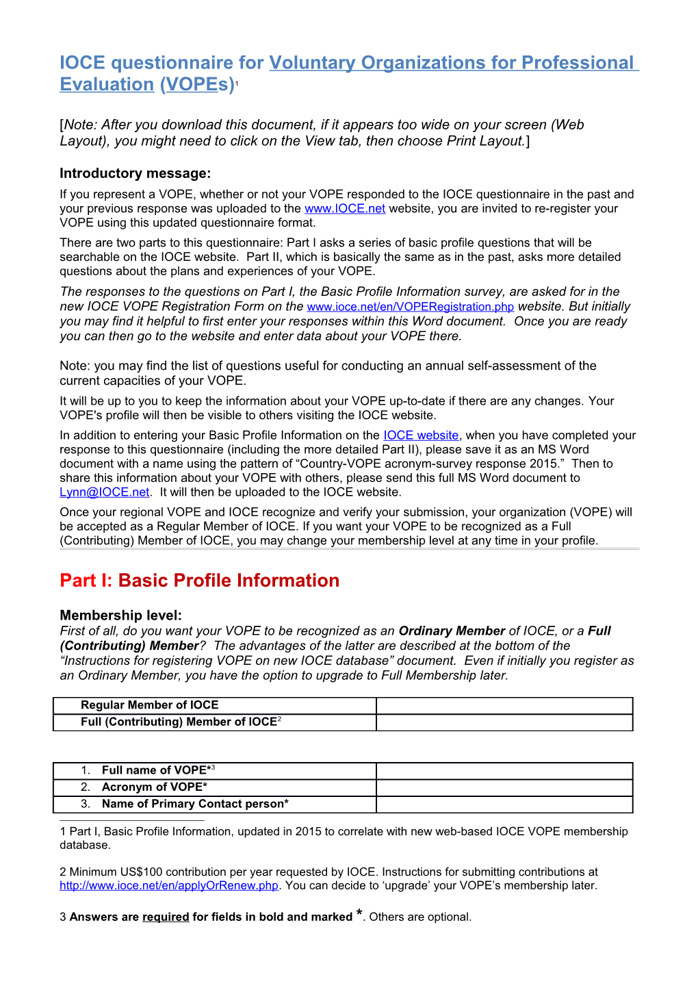 IOCE Questionnaire Forvoluntary Organizations for Professional Evaluation (Vopes) 1