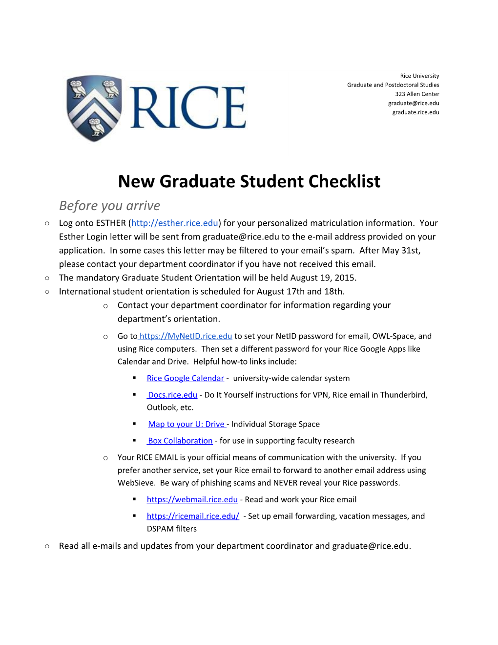 New Graduate Student Checklist - Last Revised Feb 2012