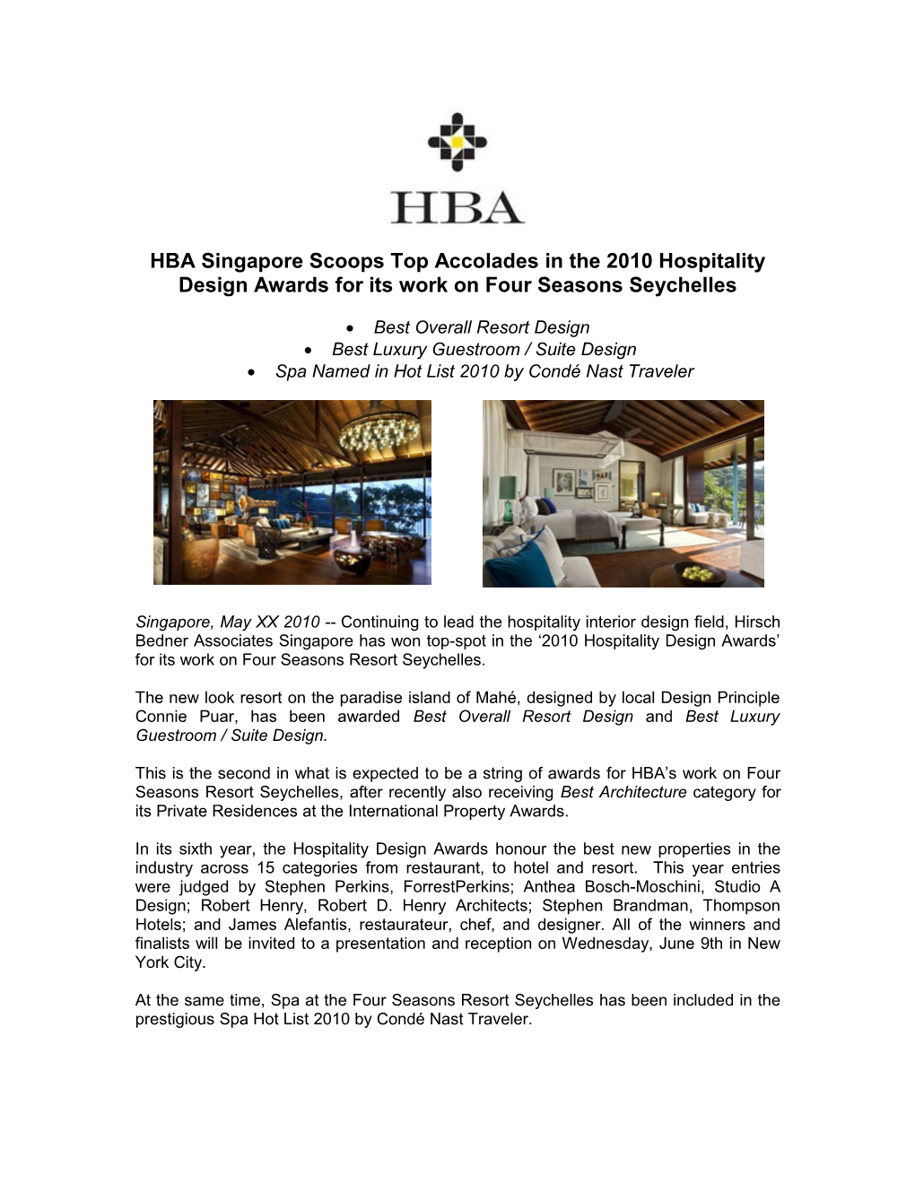 HBA Singapore Scoops Top Accolades in the 2010 Hospitality Design Awards for Its Work