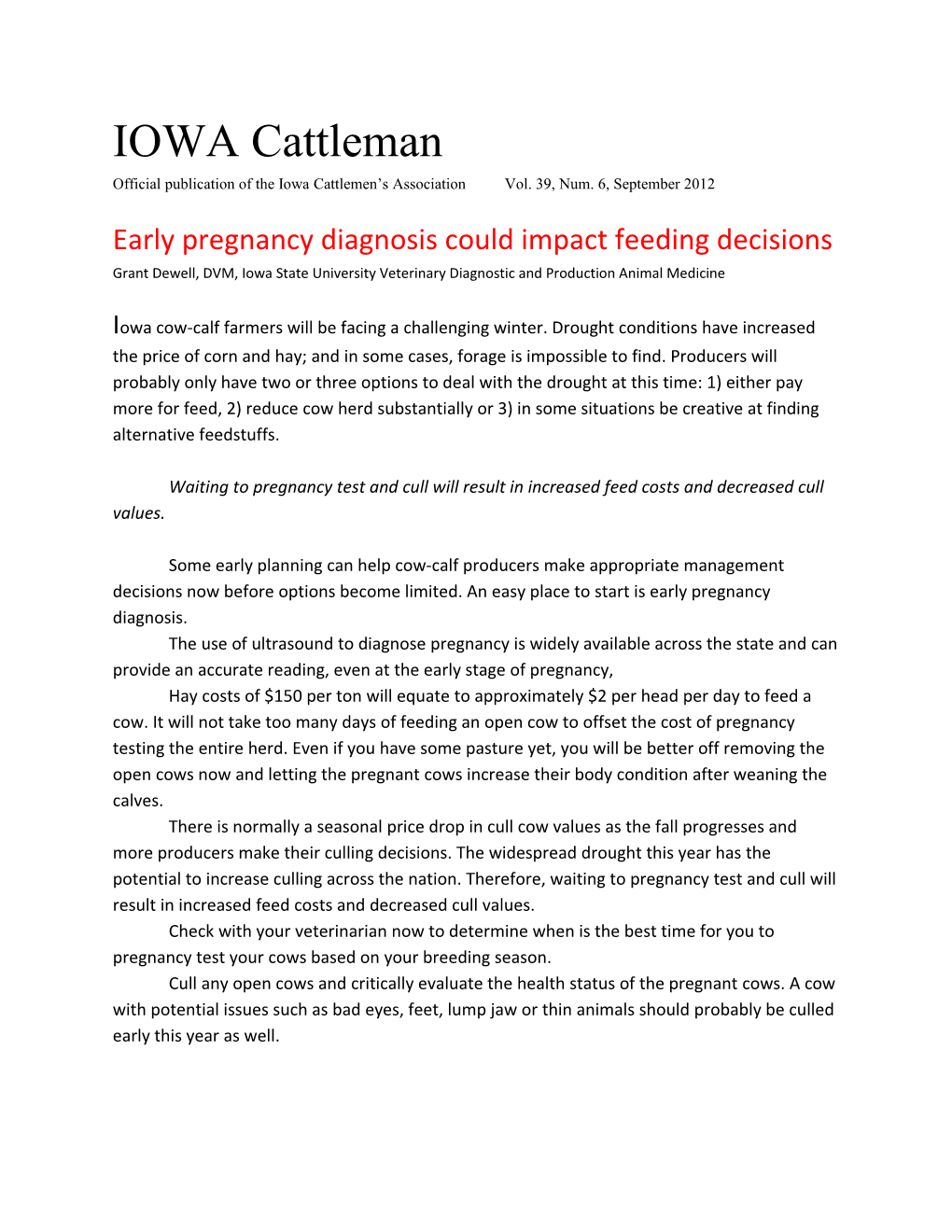Official Publication of the Iowa Cattlemen S Association Vol. 39, Num. 6, September 2012