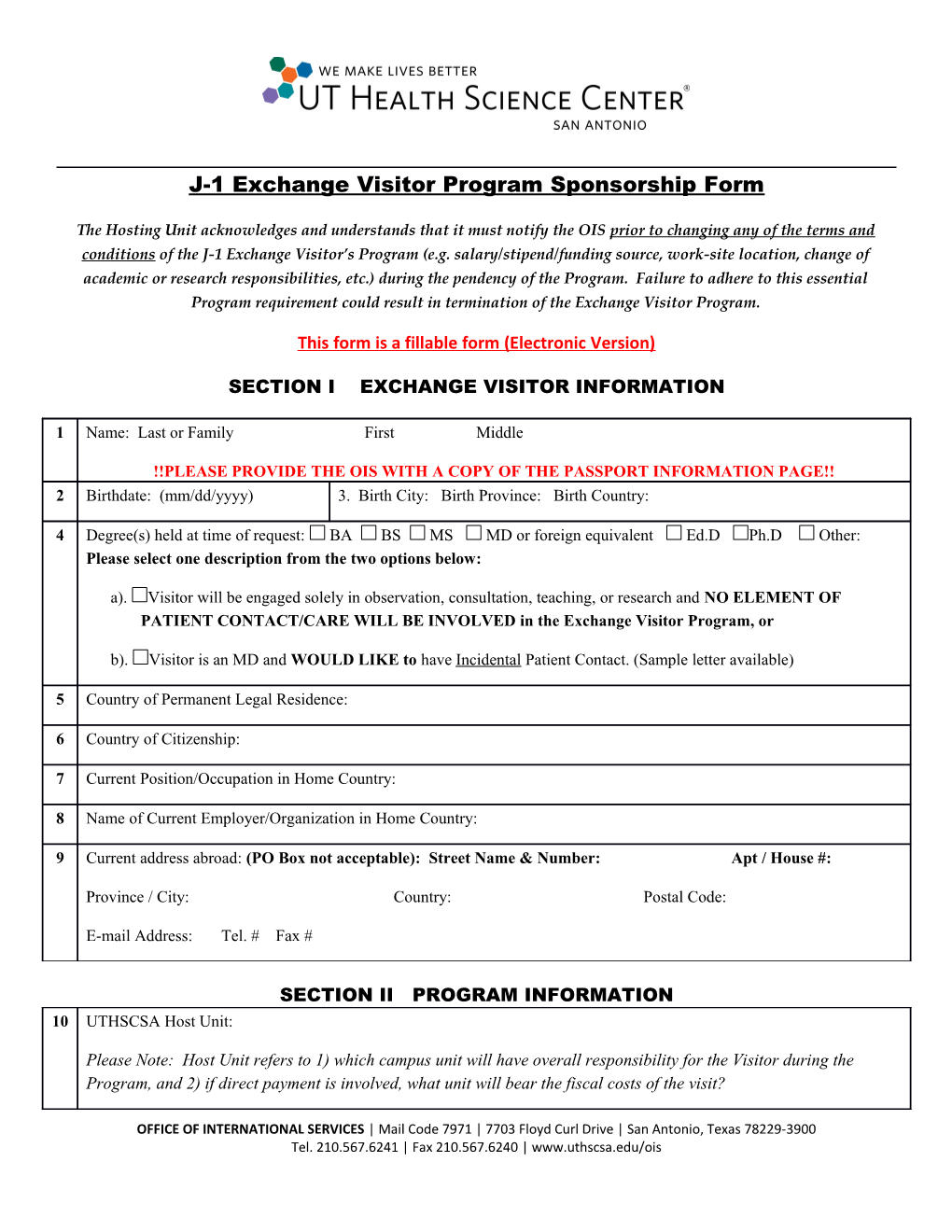 J-1 Exchange Visitor Program Sponsorship Form