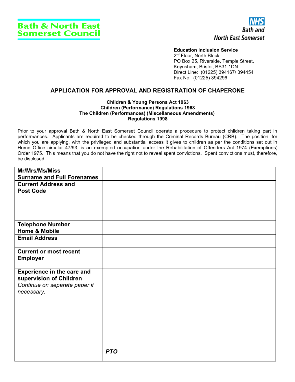 Application for Approval and Registration of Chaperone