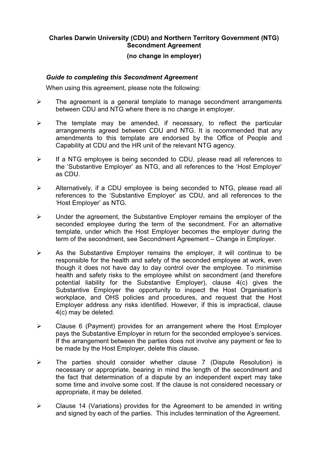 Charles Darwin University (CDU) and Northern Territory Government (NTG) Secondment Agreement