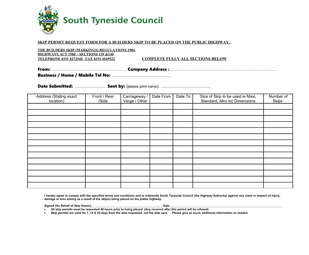 Skip Permit Request Form for a Builders Skip to Be Placed on the Public Highway