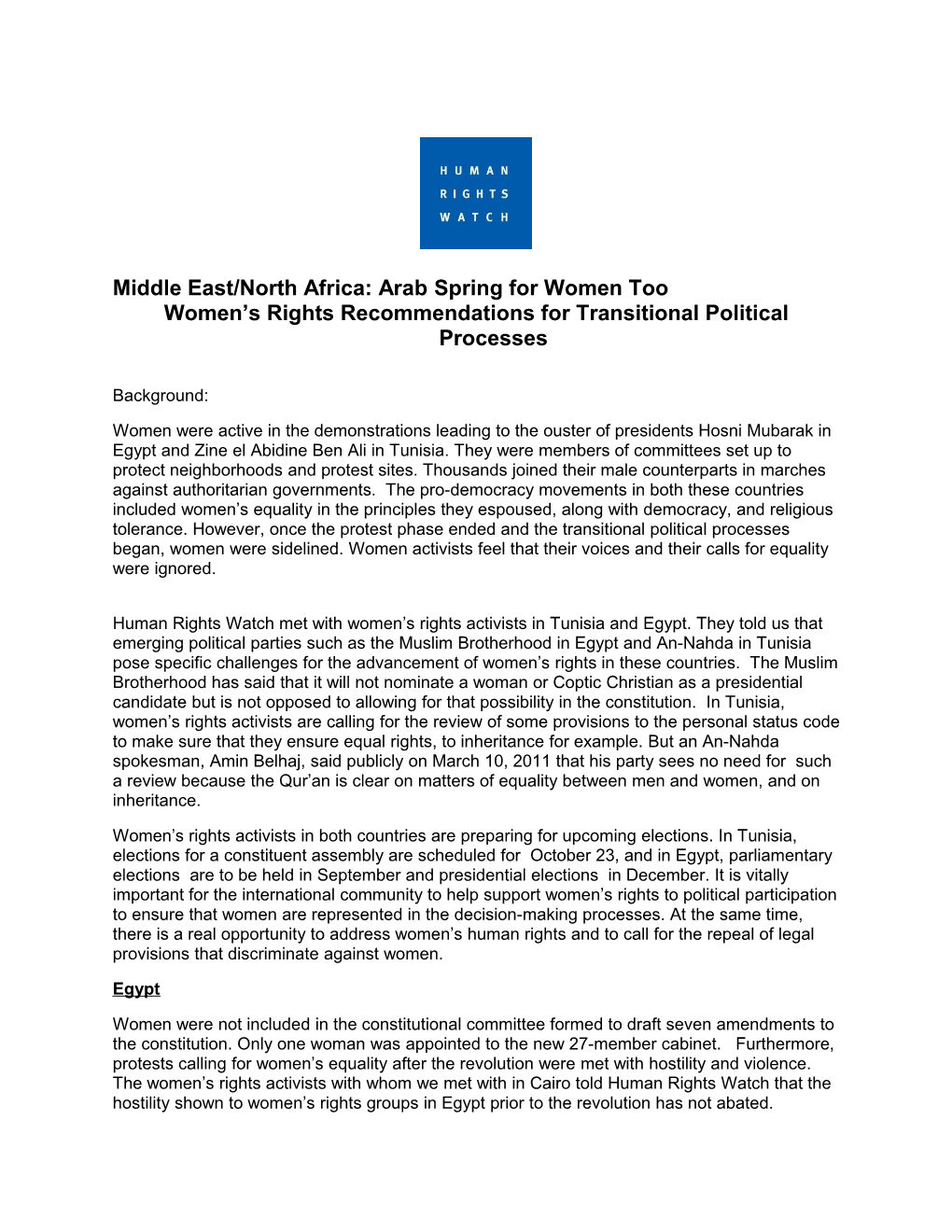 Women S Rights in Transitional Political Processes and Recommendations