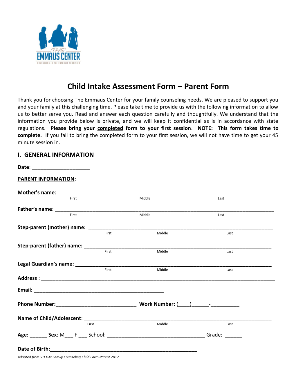 Child Intake Assessment Form Parent Form