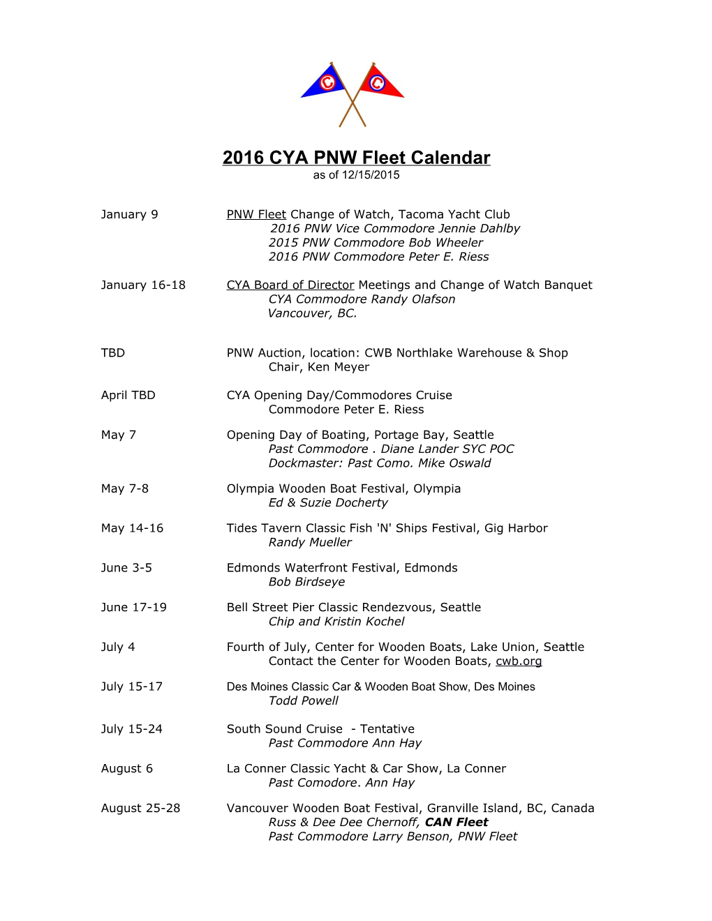 Classic Yacht Association-Pnw-Fleet Calendar for 2009