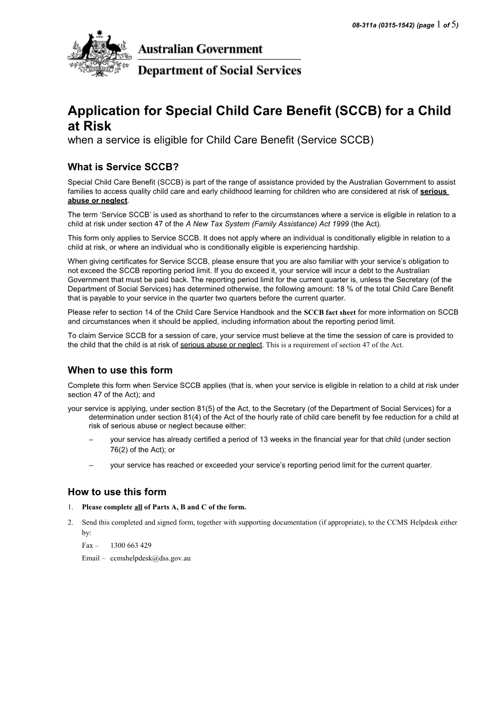 Application for Special Child Care Benefit (SCCB) for a Child at Risk