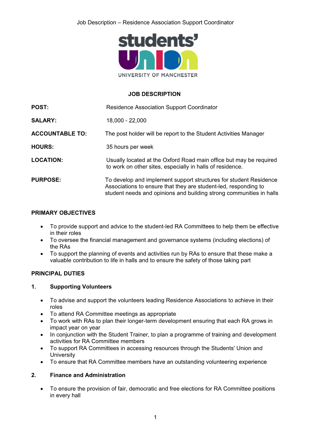 Job Description Residence Association Support Coordinator